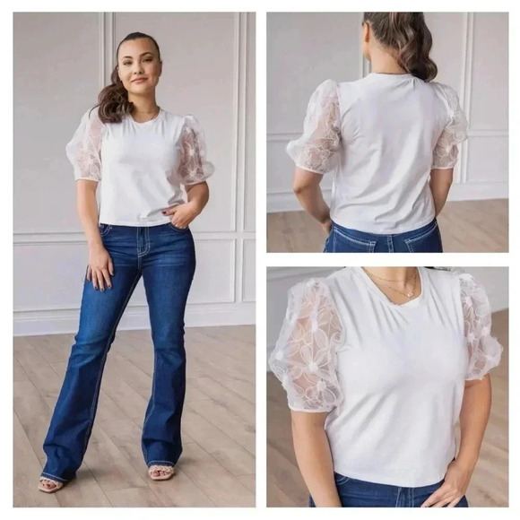 SOUTHERN GRACE White Blossoms Short Puff Sleeve Blouse Cottage Coastal Chic - Picture 6 of 7